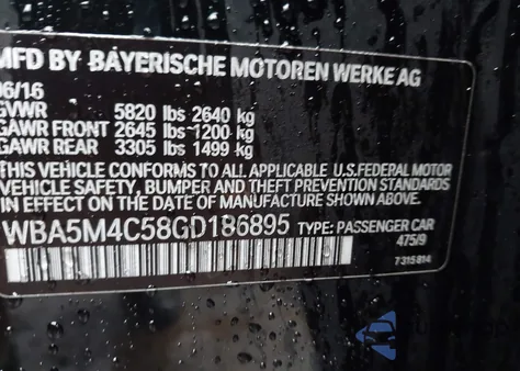 2016 BMW 535I Gran Turismo xDrive from USA, damaged, VIN WBA5M4C58GD186895